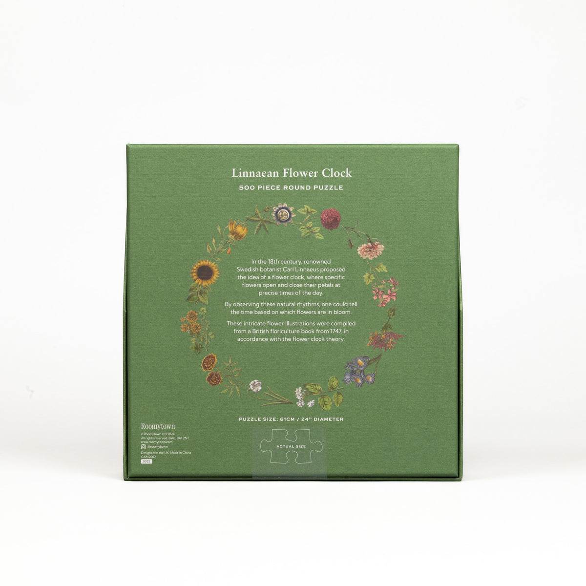 Green box of a 500-piece round puzzle titled 'Linnaean Flower Clock' on a white background