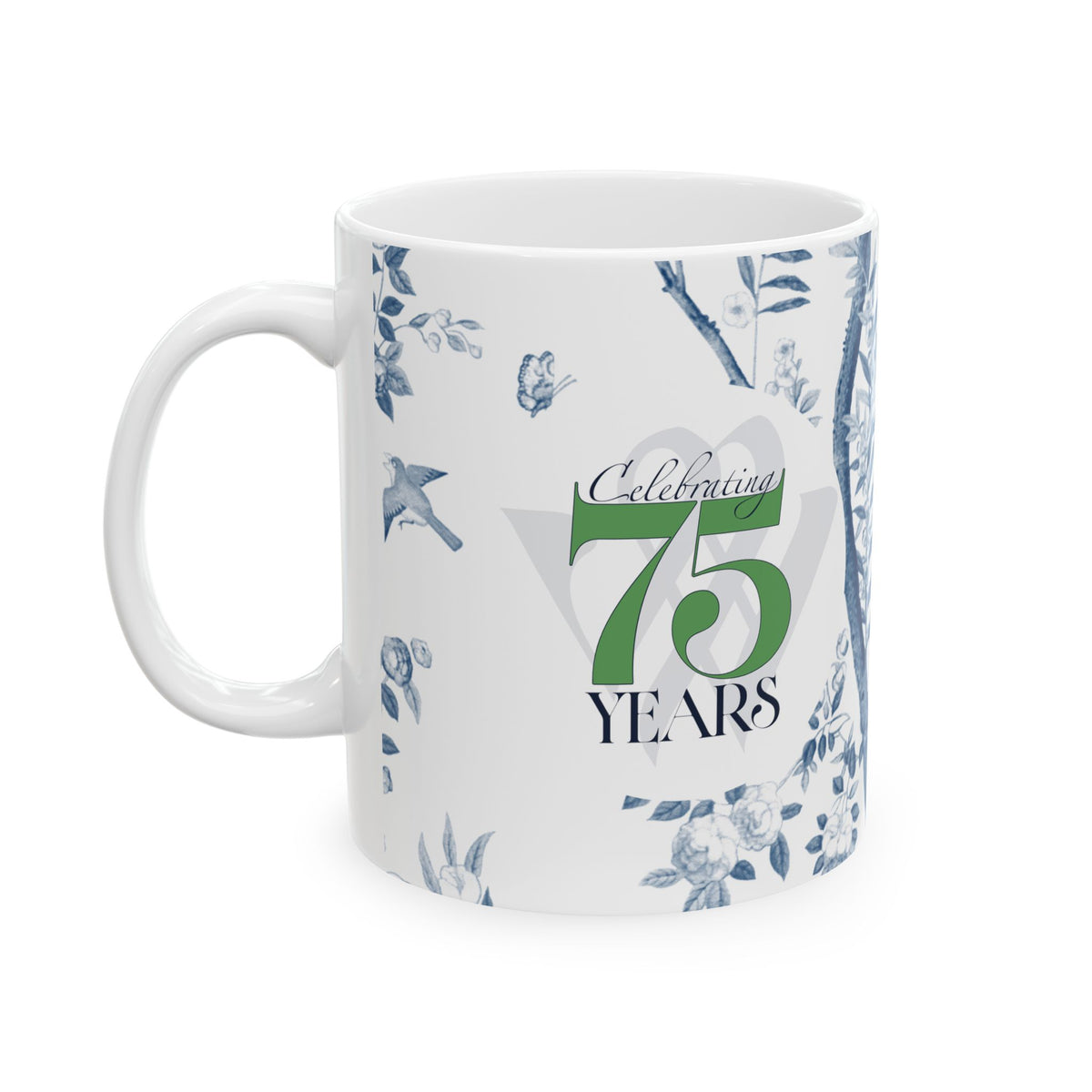 Mug with floral design and 'Celebrating 75 Years' text on a white background