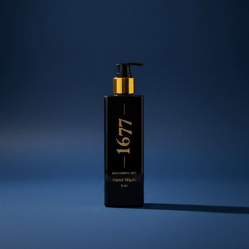 'GENTLEMEN 1677 HAND WASH 8 oz' in a black and gold pump bottle against a navy blue background