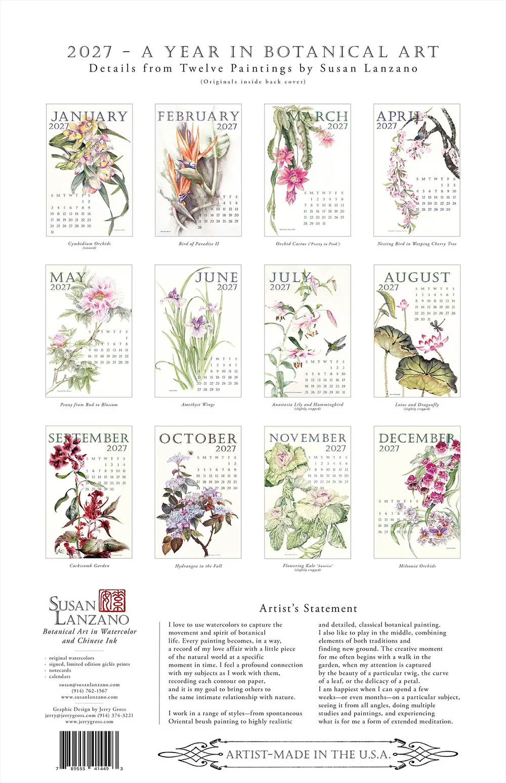 Back cover of a botanical calendar showing artwork for all 12 months by Susan Lanzano
