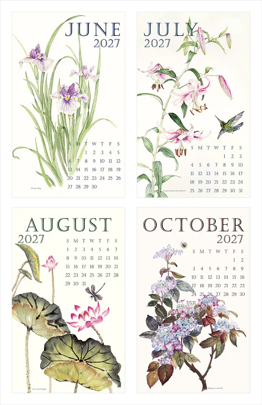 A preview of watercolor floral art in a 2027 calendar. Shows artwork on pages for the months of June, July, August and October.