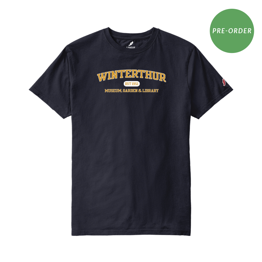 Navy blue t-shirt with 'Winterthur Museum, Garden & Library' text on a white background