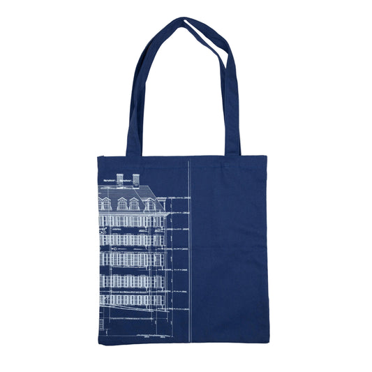 Navy blue cotton tote bag with part of an architectural house sketch printed in white