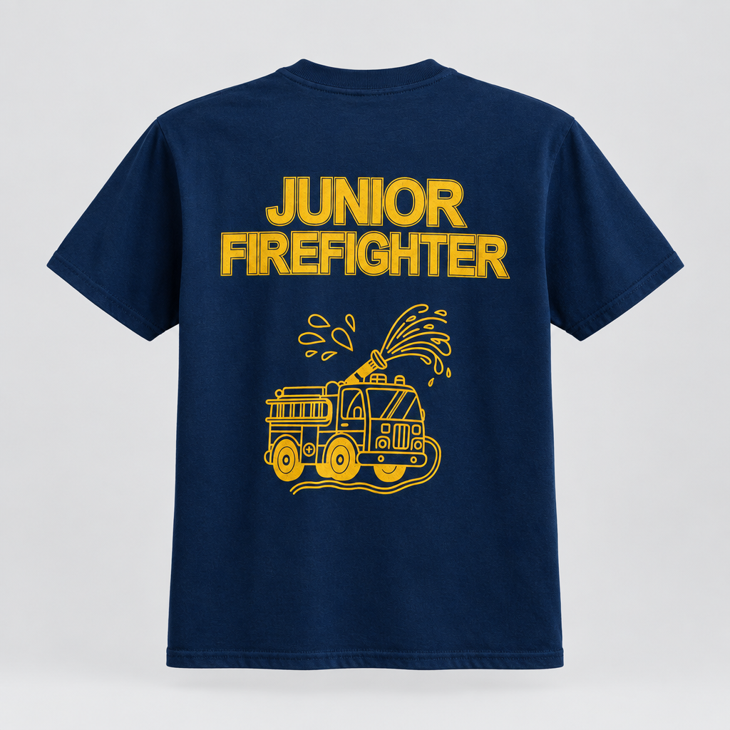 A navy blue short-sleeve t-shirt shown from the back, featuring a large yellow graphic print that reads 'JUNIOR FIREFIGHTER' above an illustration of a fire truck spraying water, set against a light gray background.