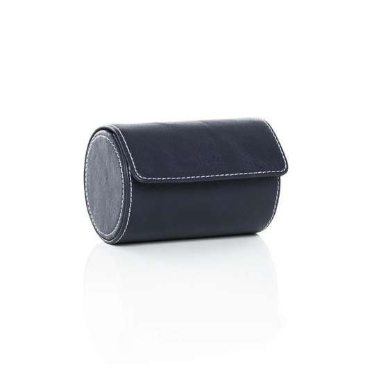 Black faux-leather cylindrical case with white stitching against a white background