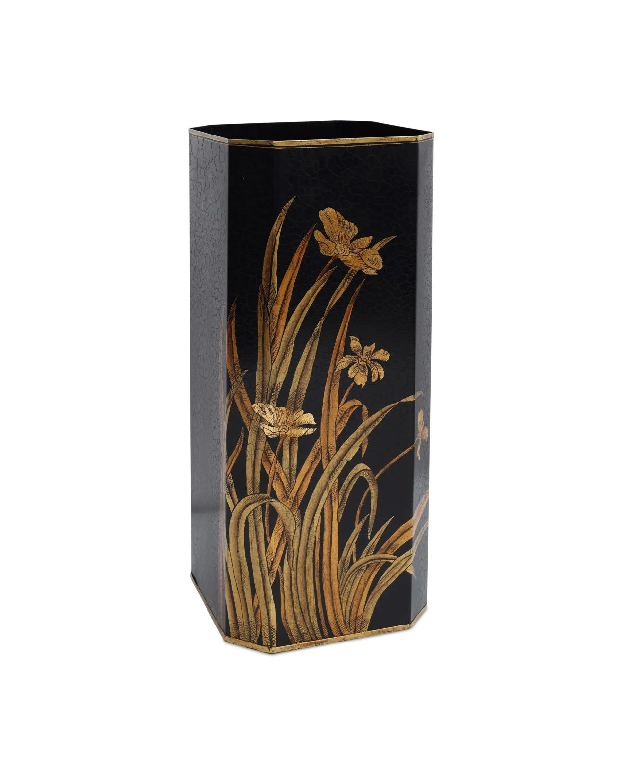 Black decorative umbrella stand with hand-painted gold floral design.