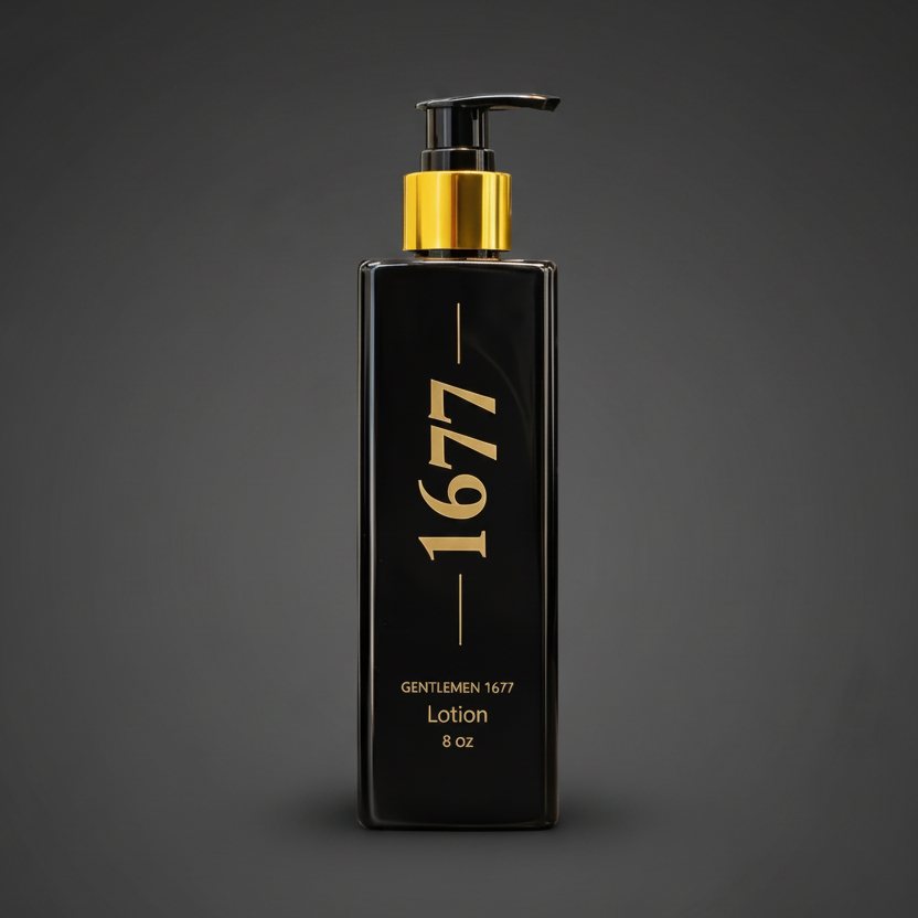 Black and gold pump lotion bottle featuring the name '1677' and 'GENTLEMEN 1677 Lotion 8 oz' on a gray background