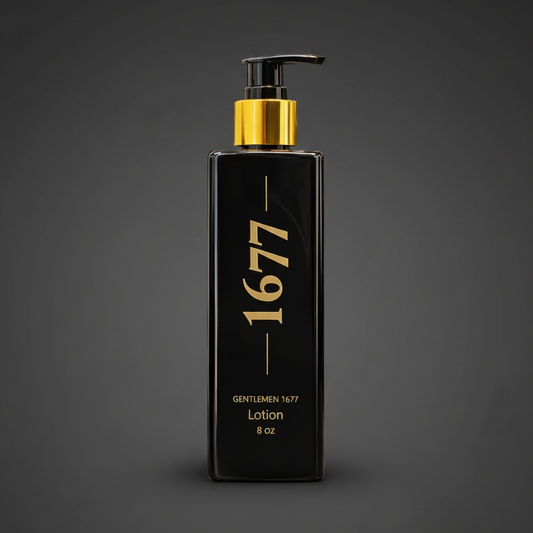 Black and gold pump lotion bottle featuring the name '1677' and 'GENTLEMEN 1677 Lotion 8 oz' on a gray background
