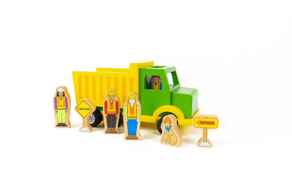 Toy construction vehicle with figures on a white background