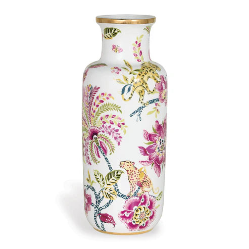 Decorative vase with floral and animal patterns on a white background