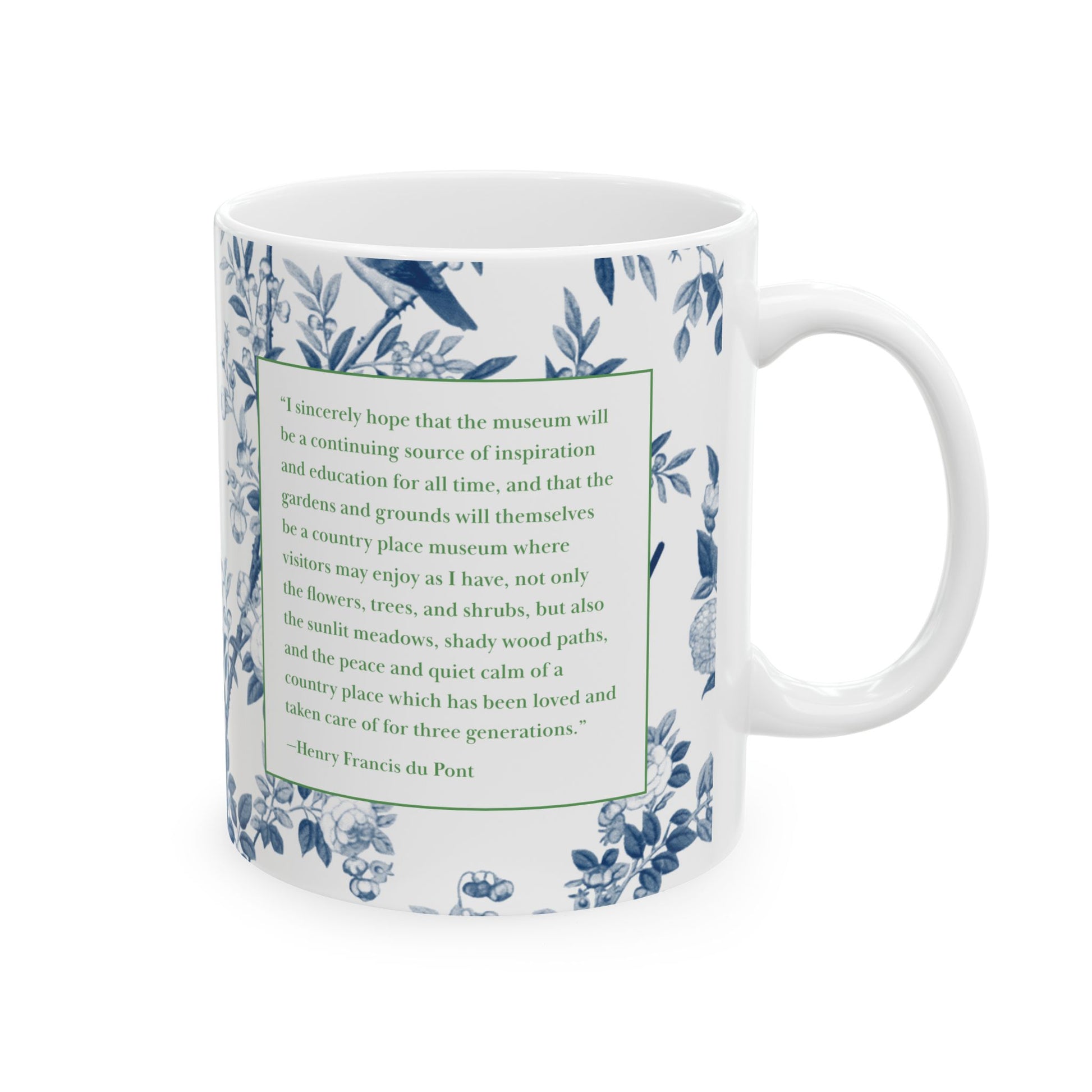 Mug with floral design and text on a white background