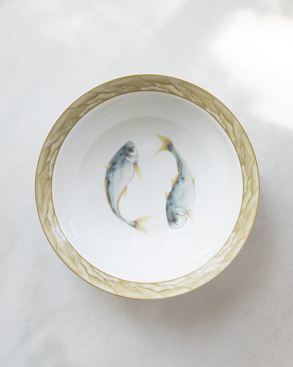 10" white porcelain bowl with olive green rim and a center watercolor motif of two blue trout fish.