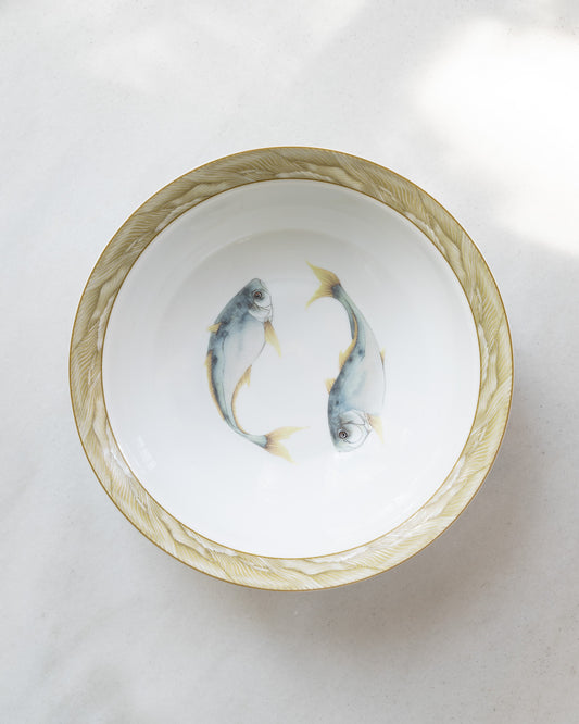 10" white porcelain bowl with olive green rim and a center watercolor motif of two blue trout fish.
