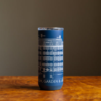 Blue tumbler featuring an architectural sketch and the words "Winterthur Museum, Garden & Library"  under design on a wooden tabletop and dark background