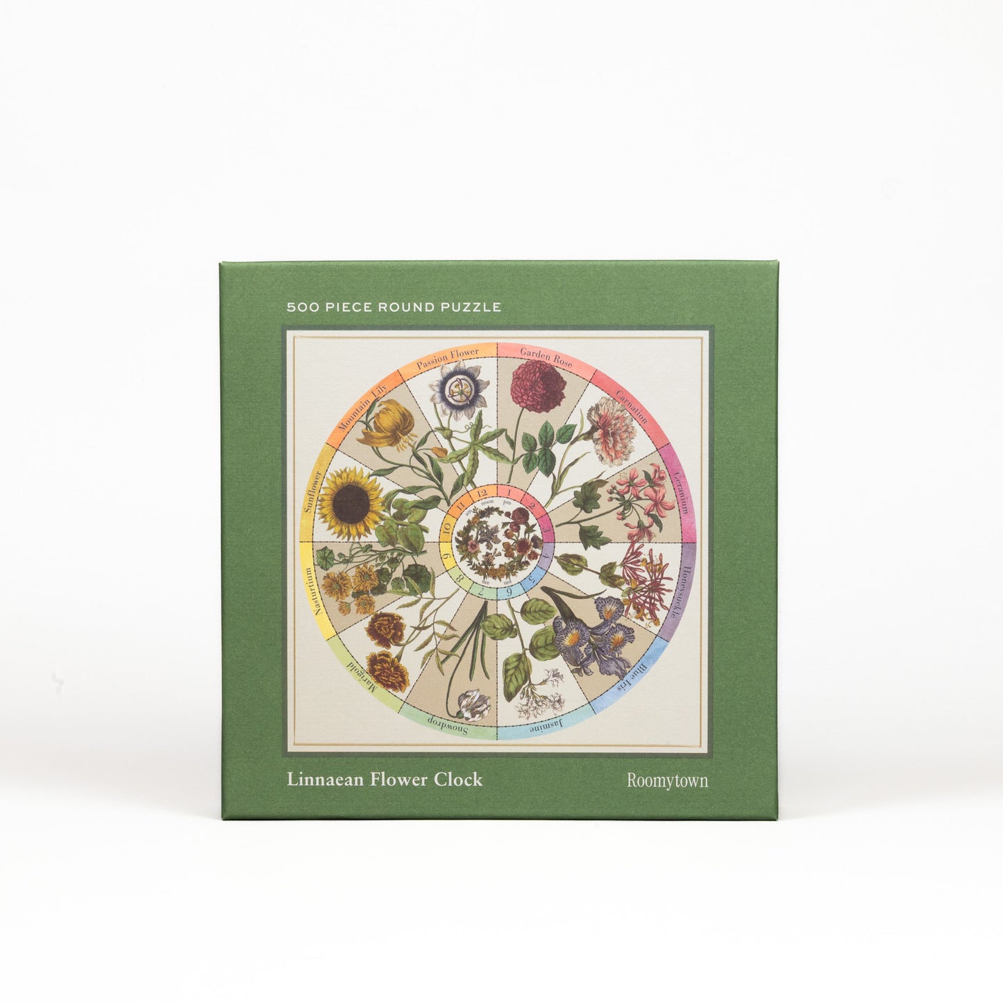 Green box of a 500-piece round puzzle titled 'Linnaean Flower Clock' on a white background.