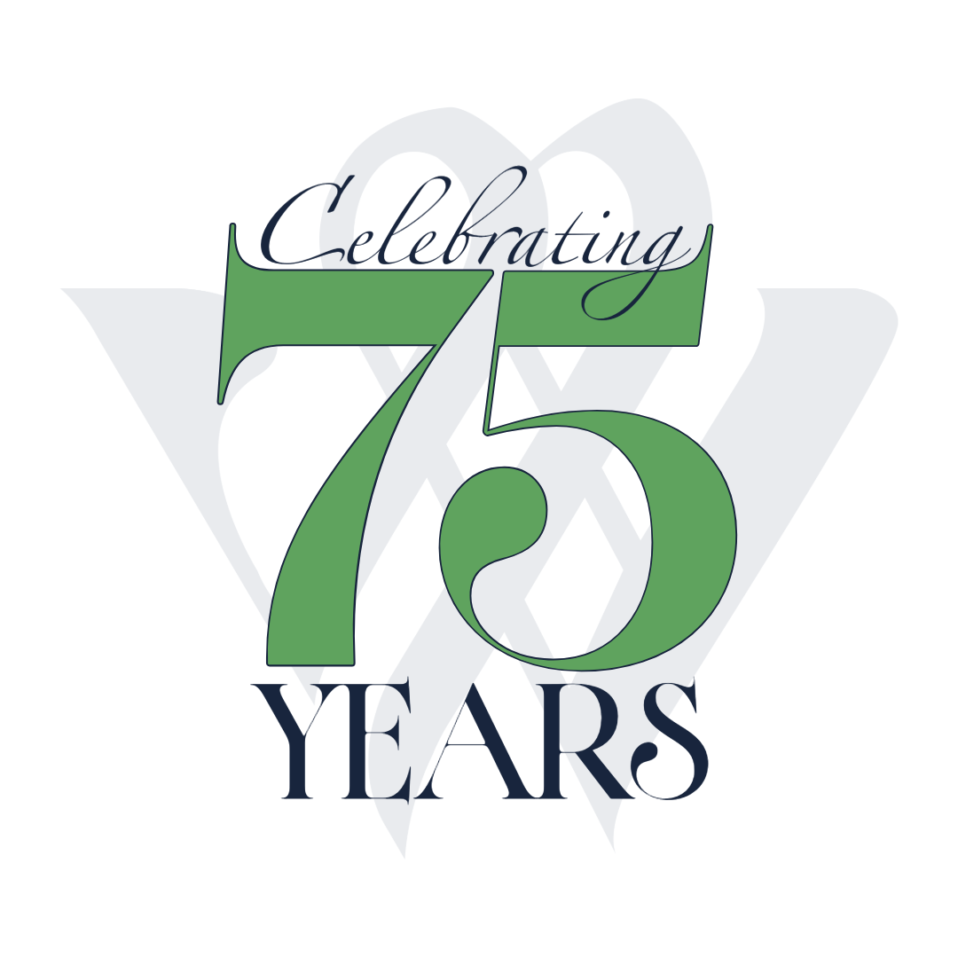 Celebrating 75 Years text with green and black design on a white background