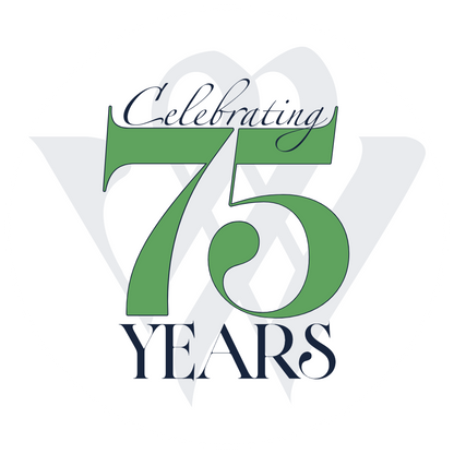 Celebrating 75 Years text with green and black design on a white background