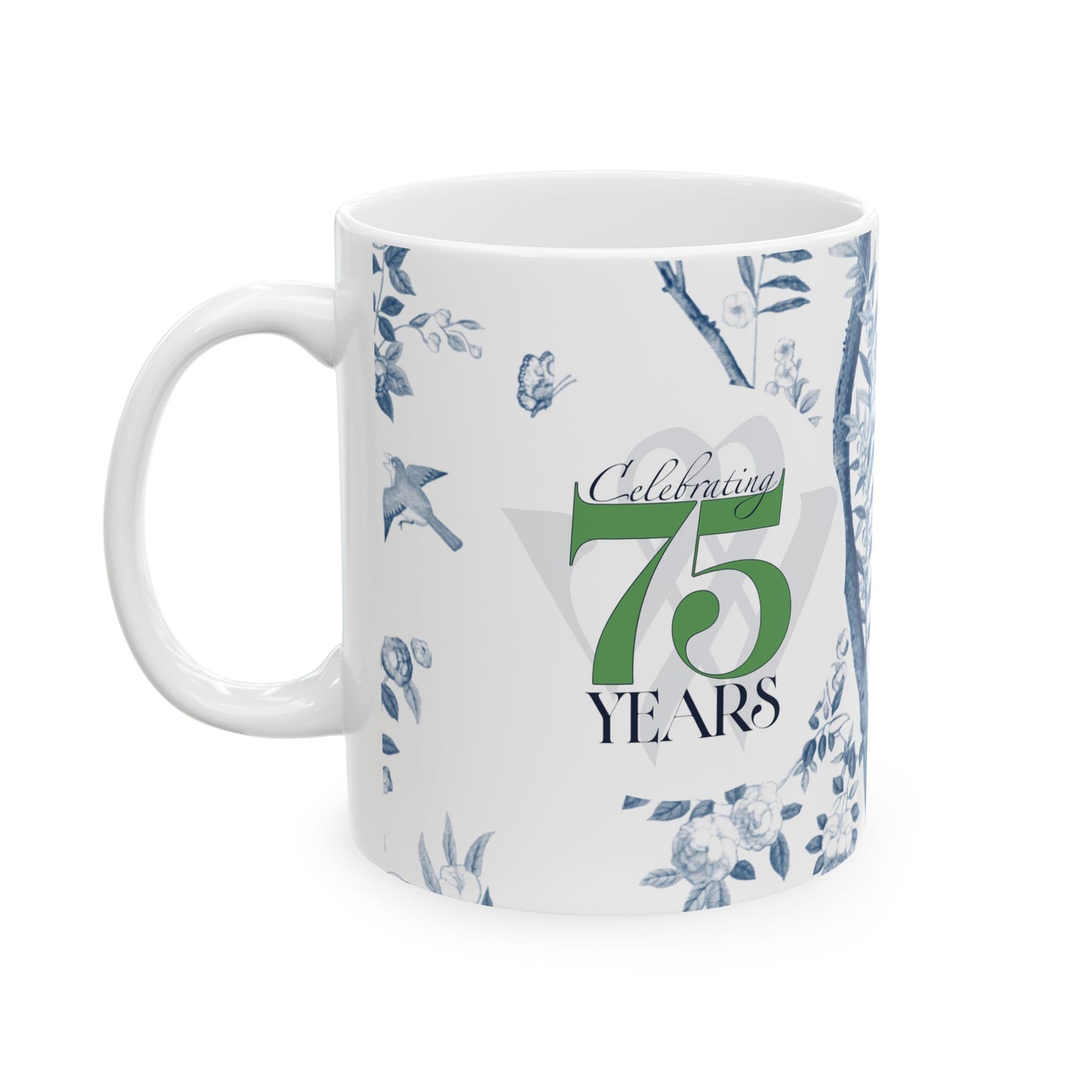 Mug with floral design and 'Celebrating 75 Years' text on a white background