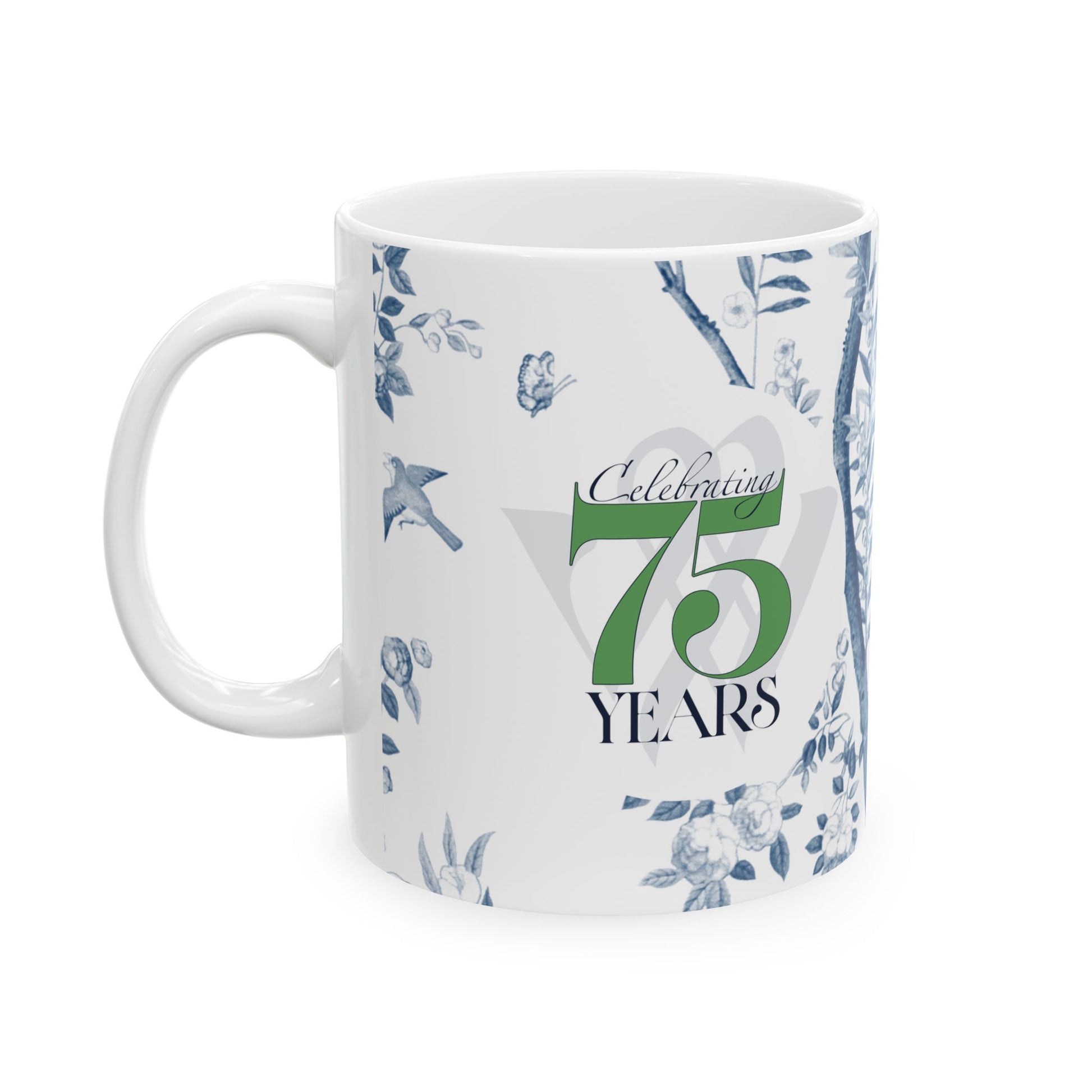 Mug with floral design and 'Celebrating 75 Years' text on a white background
