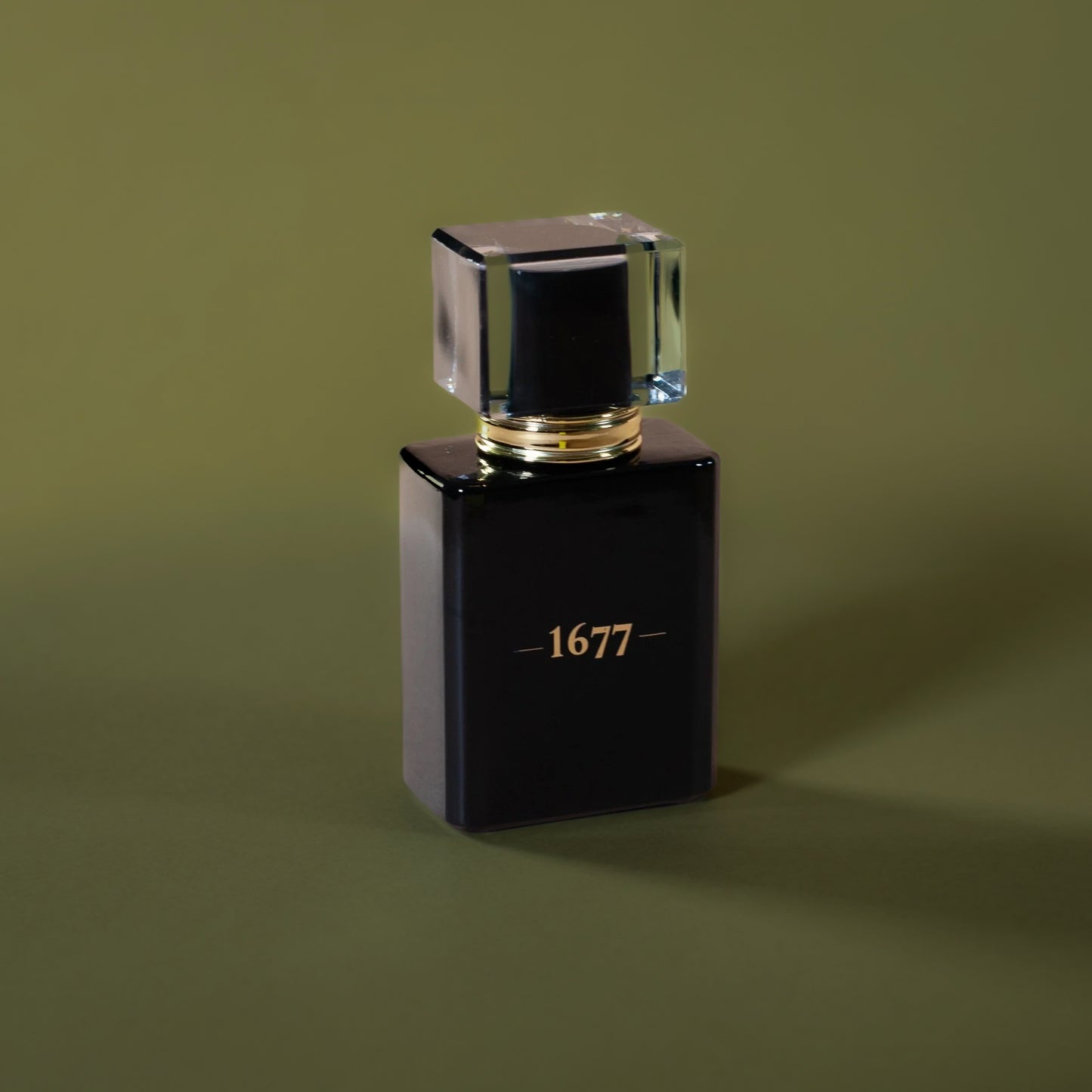 Black cologne bottle featuring '1677' in gold on the front against an olive green background