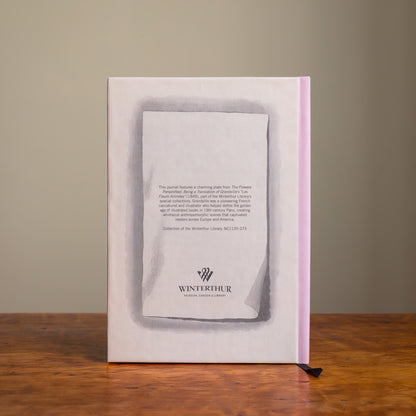Back cover of a tan notebook with a pink spine, descriptive text, and a gray Winterthur logo.