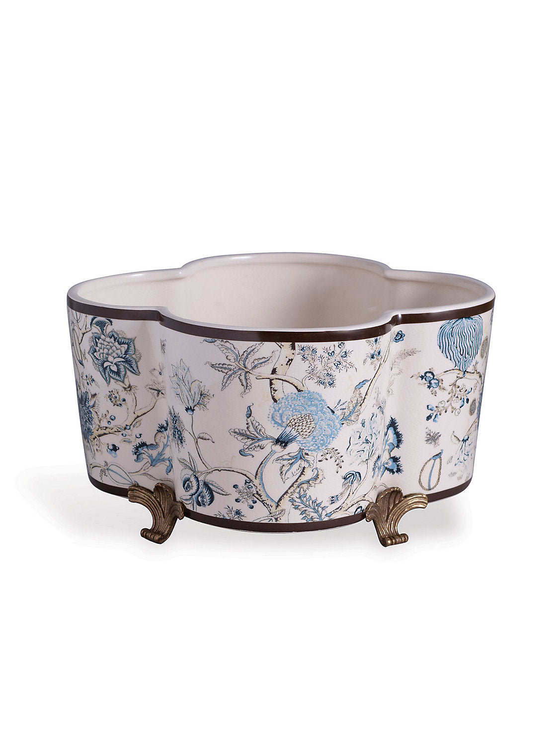 Pondicherry quatrefoil planter in indigo and cream porcelain featuring Scalamandré tree-of-life motif with botanical details and wildlife