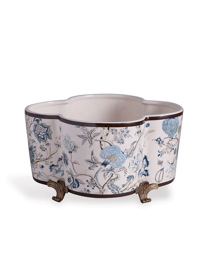 Pondicherry quatrefoil planter in indigo and cream porcelain featuring Scalamandré tree-of-life motif with botanical details and wildlife