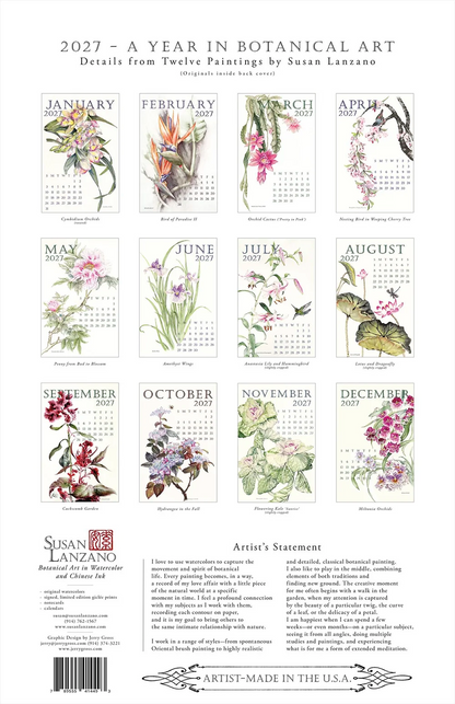 Back cover of a botanical calendar showing artwork for all 12 months by Susan Lanzano 