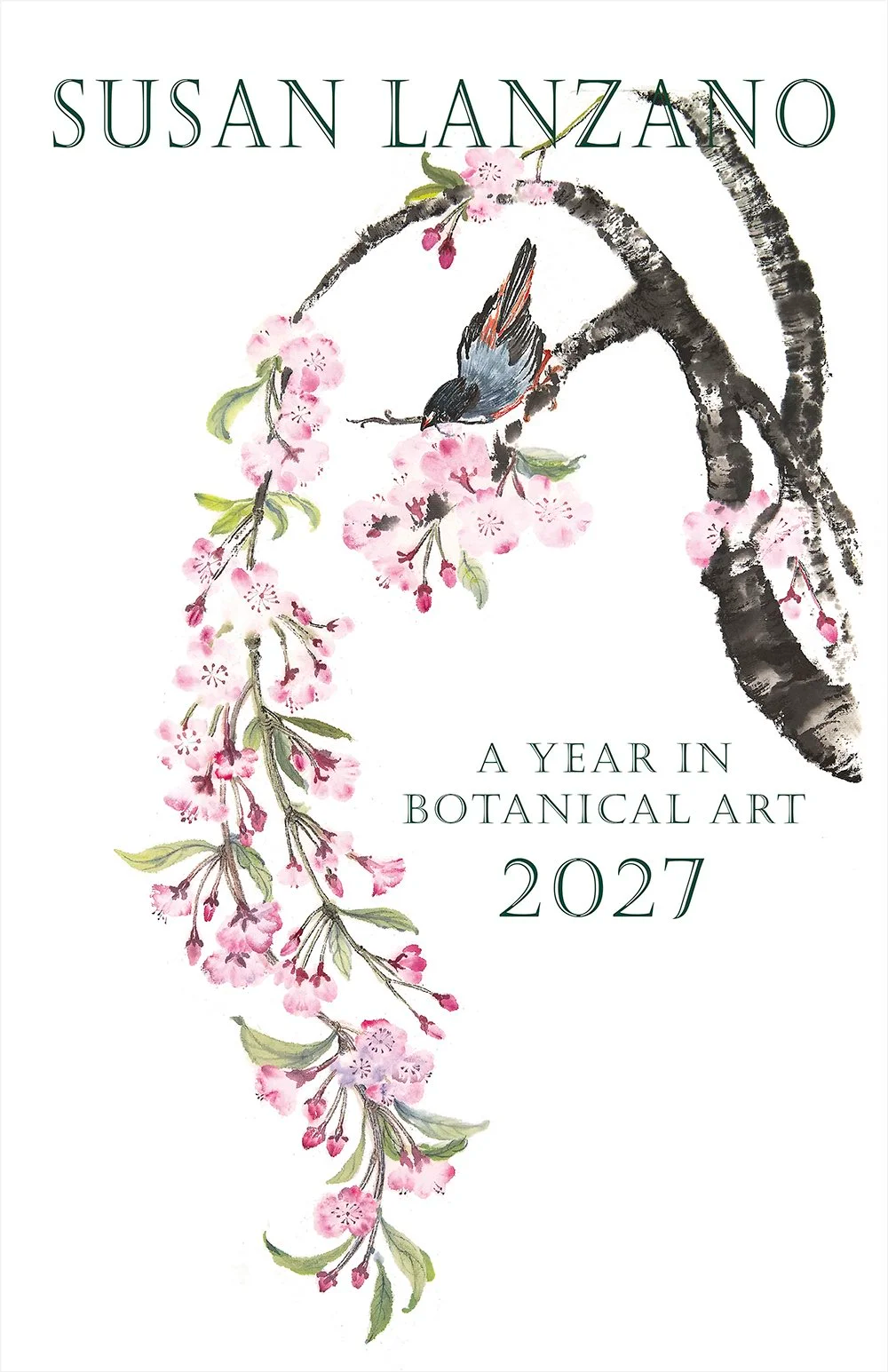 Cover of a 2027 calendar entitled 'A Year in Botanical Art' by Susan Lanzano. White with pink flowers on a tree branch.