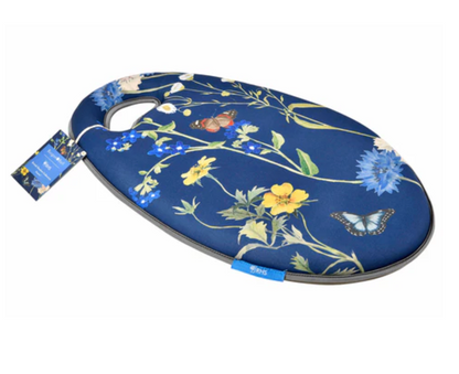 Deep blue floral-patterned garden kneeler with butterflies