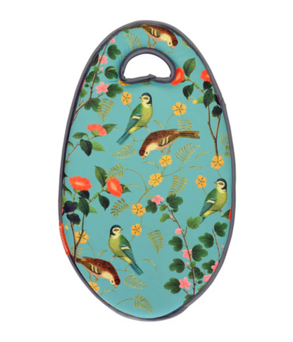 Oval-shaped garden kneeler with bird and floral design on an teal background