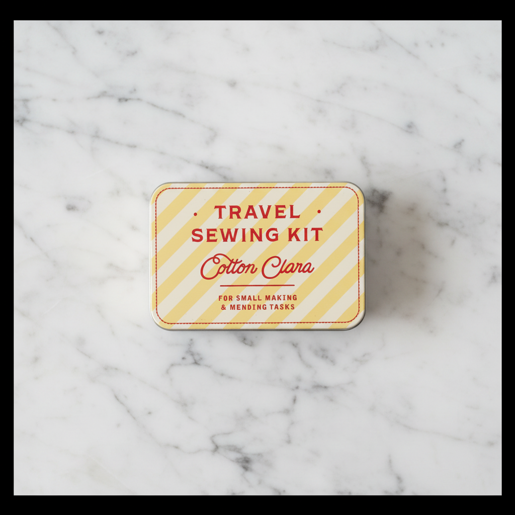 Travel sewing kit with 'Cotton Clara' branding on a white marble tabletop