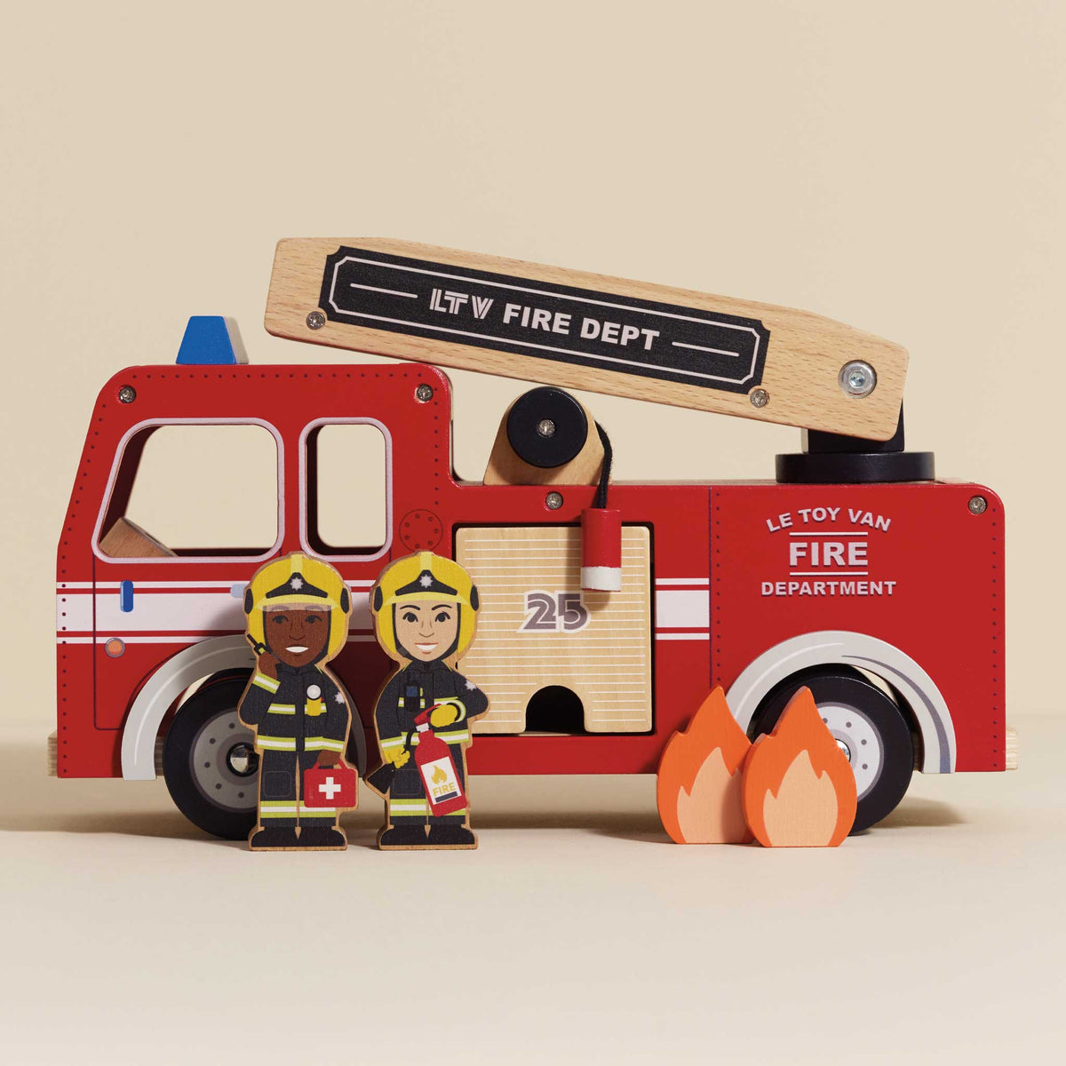 Wooden toy fire truck set with firefighters and flames on a beige background