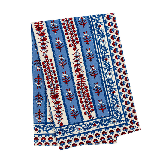 white cloth towel with blue and red block printed floral patterns