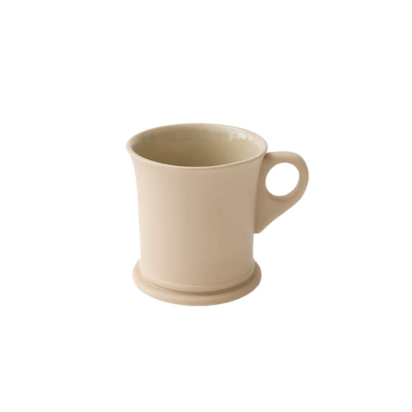 A plain mug in a warm cream or light beige color, featuring a matte exterior and glazed interior, a circular base and a simple loop handle, shown against a plain white background.