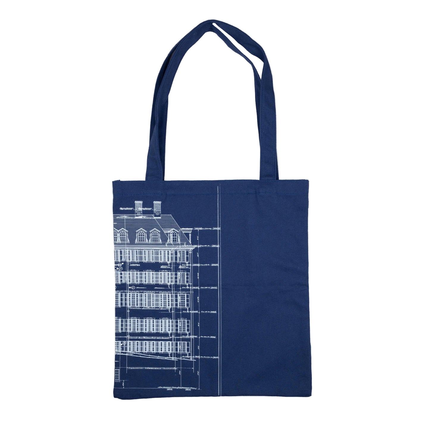 Navy blue cotton tote bag with part of an architectural house sketch printed in white