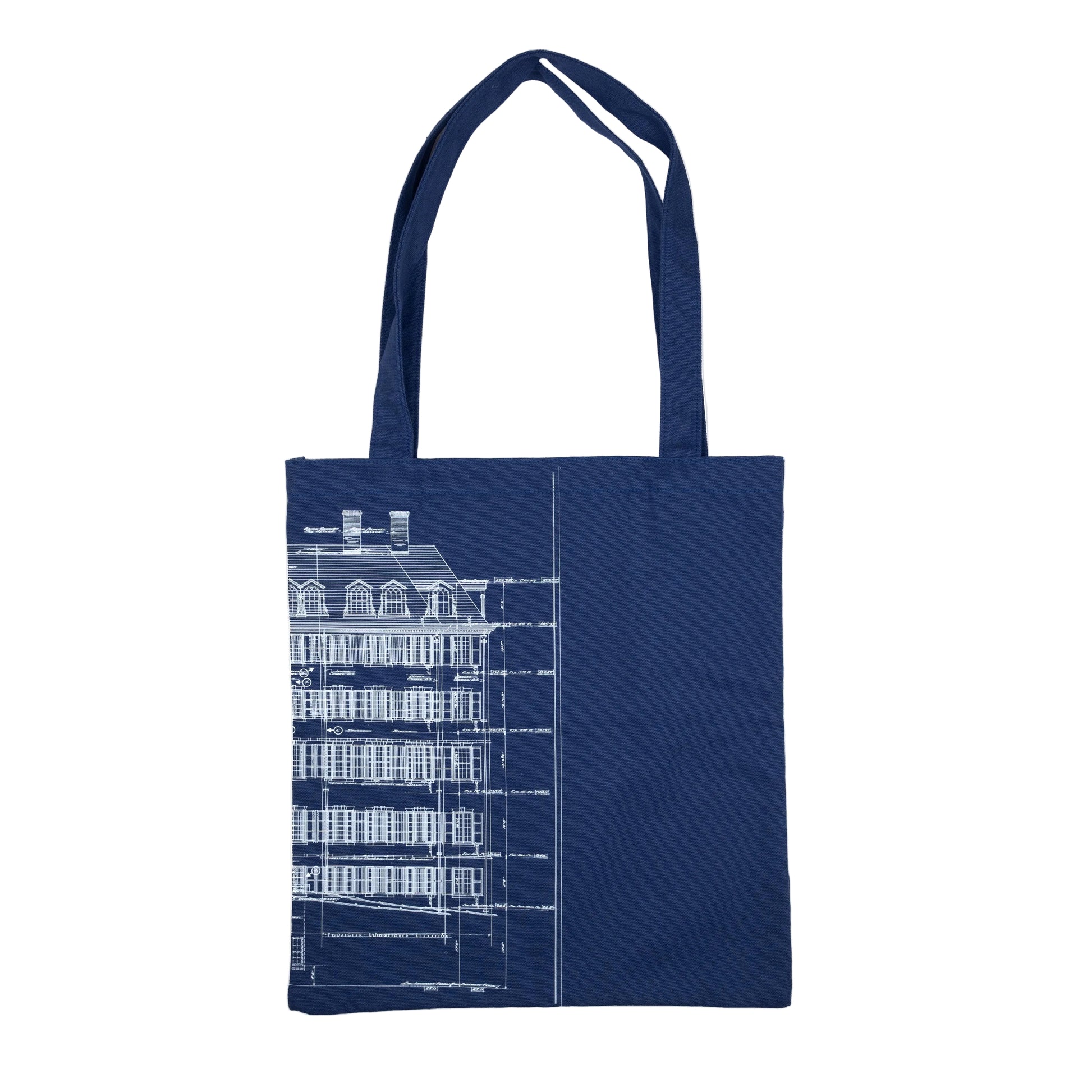 Navy blue cotton tote bag with part of an architectural house sketch printed in white