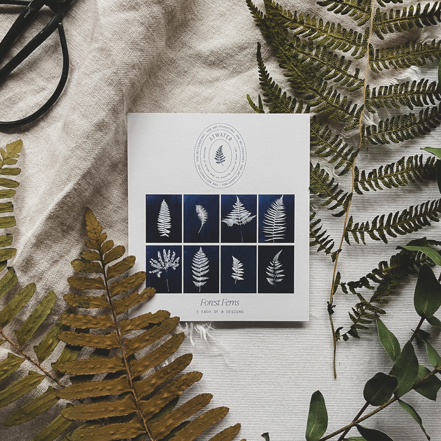 White card displaying 8 different blue and white fern prints entitled 'Forest Ferns' on a linen cloth surrounded by plants