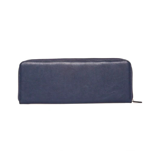 Blue faux-leather rectangular case with a zipper against a white background
