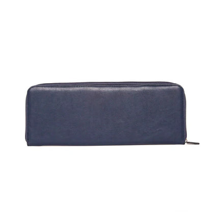 Blue faux-leather rectangular case with a zipper against a white background