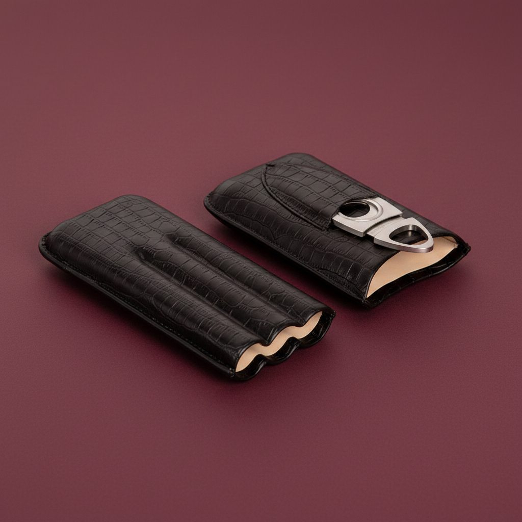 Black croc-embossed leather cigar case with three compartments and a metal cigar cutter in a built-in pocket. 