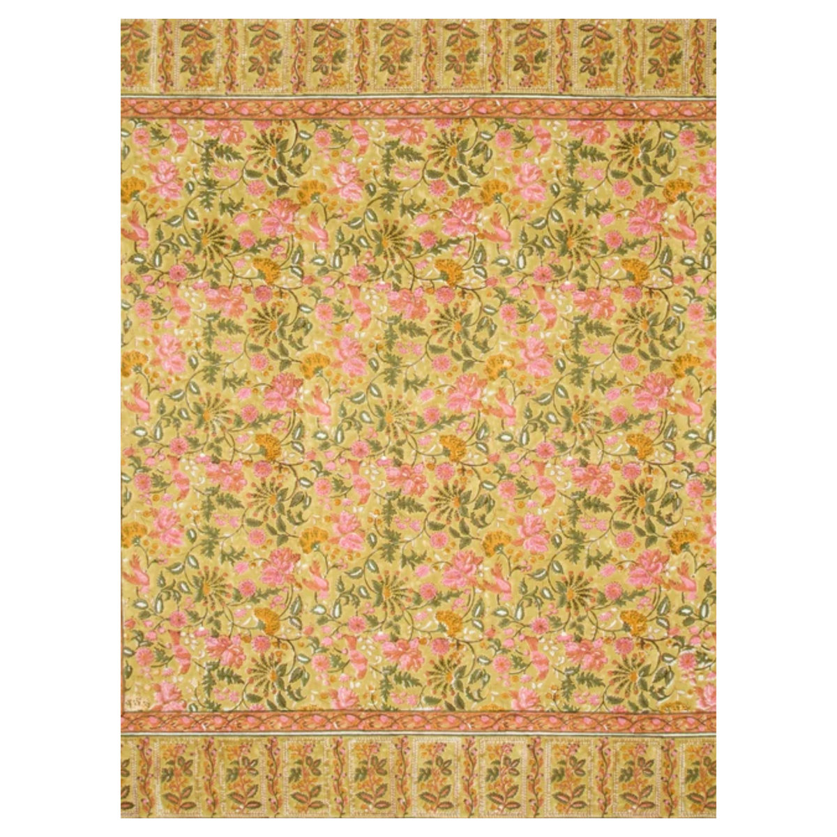 A mustard-colored tablecloth with a traditional floral pattern in olive green, saffron, and rose pink, and a contrasting repeated leaf border laid flat against a white background.