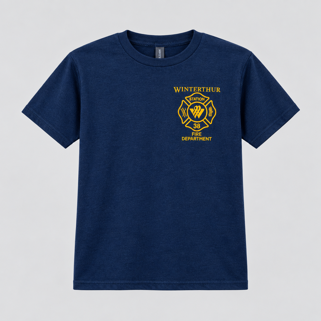 A navy blue short-sleeve crewneck t-shirt with a yellow printed Winterthur Fire Department fire helmet graphic on the left chest, displayed against a light gray background.