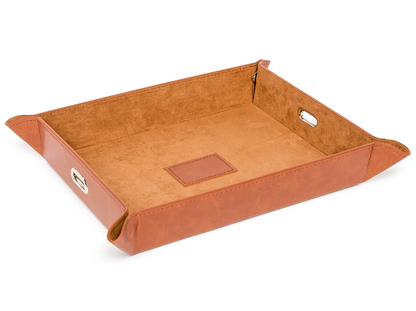Camel-colored leather valet tray against a white background