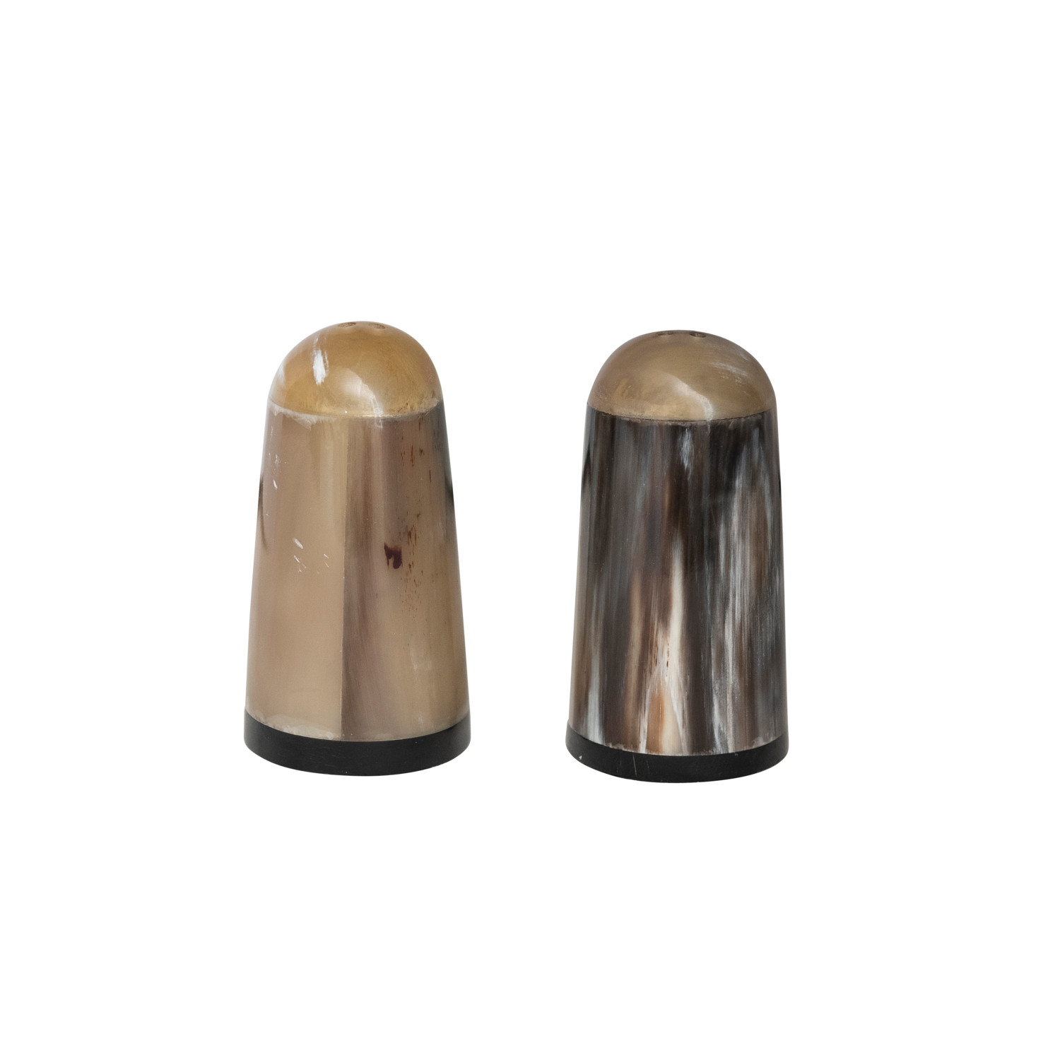 Two small cylindrical horn salt and pepper shakers with dome-shaped tops, one tan/beige and one brown with darker marbling against a white background.