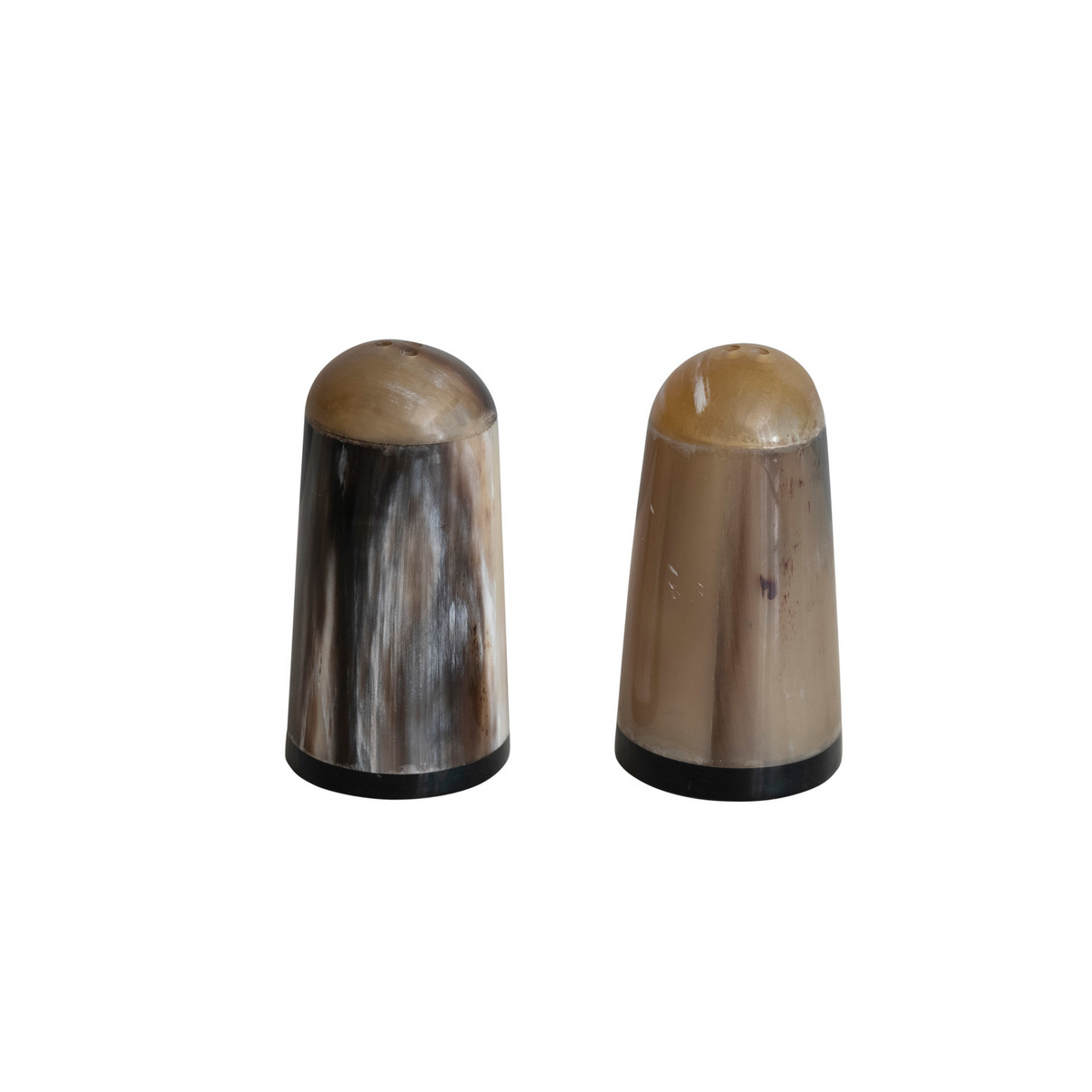 Two cylindrical horn salt and pepper shakers with rounded tops on a white background
