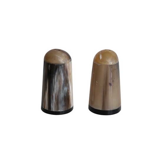 Two cylindrical horn salt and pepper shakers with rounded tops on a white background