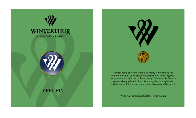 Gold round lapel pin with a white Winterthur "W" logo on a blue background attached to a branded backer card.