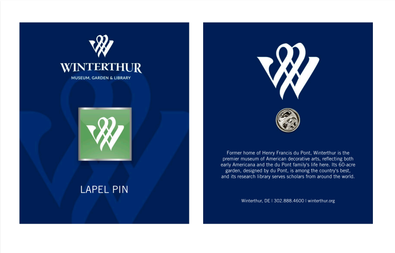 Silver square lapel pin with a white Winterthur "W" logo on a green background attached to a branded backer card.