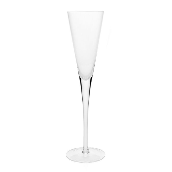 Clear champagne flute on a white background